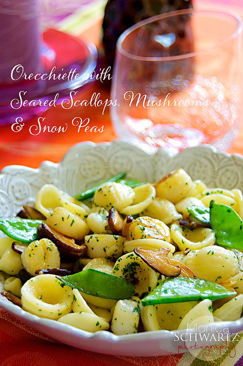Orecchiette pasta with Mushrooms, Seared Scallops and Snow Peas