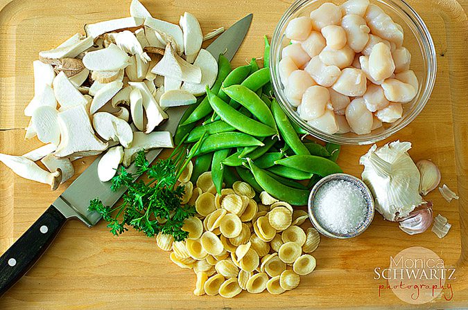 Ingredients for Recipe for Orecchiette Pasta with Mushrooms, Seared Scallops and Snow Peas