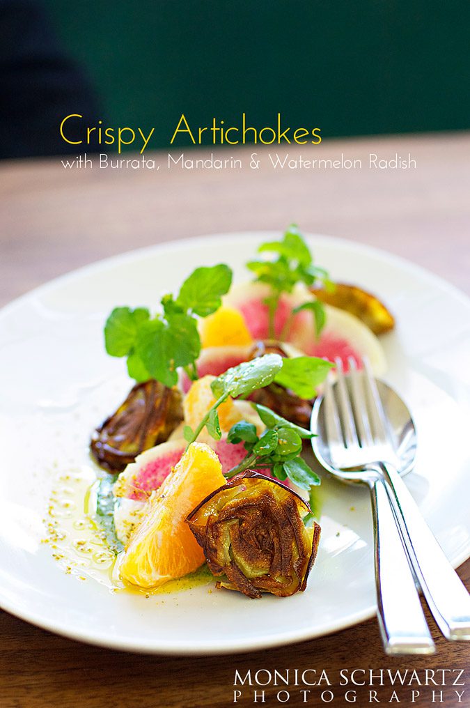 Crispy-Artichokes-Salad-with-Burrata-Mandarins-and-Radishes-at-Farmshop-Restaurant-Larkspur-California