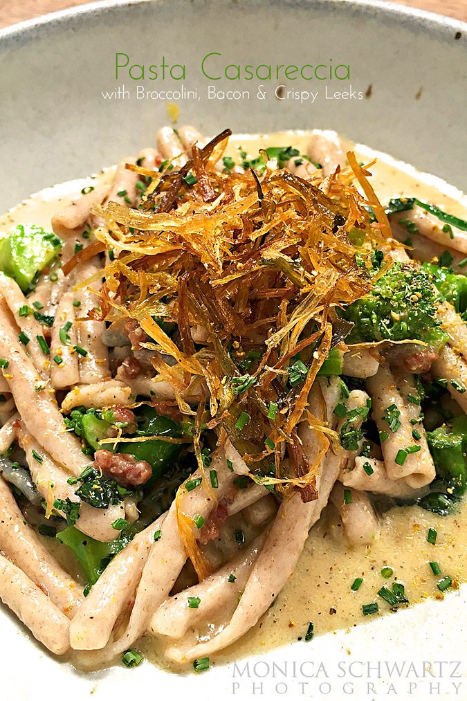 Casarecce-pasta-with-broccolini-bacon-and-crispy-leeks-at-Farmshop-Restaurant-in-Larkspur-California