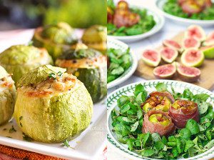 Baked-zucchini-with-barley-mushrooms-and-cheese-and-grilled-figs-wrapped-in-speck