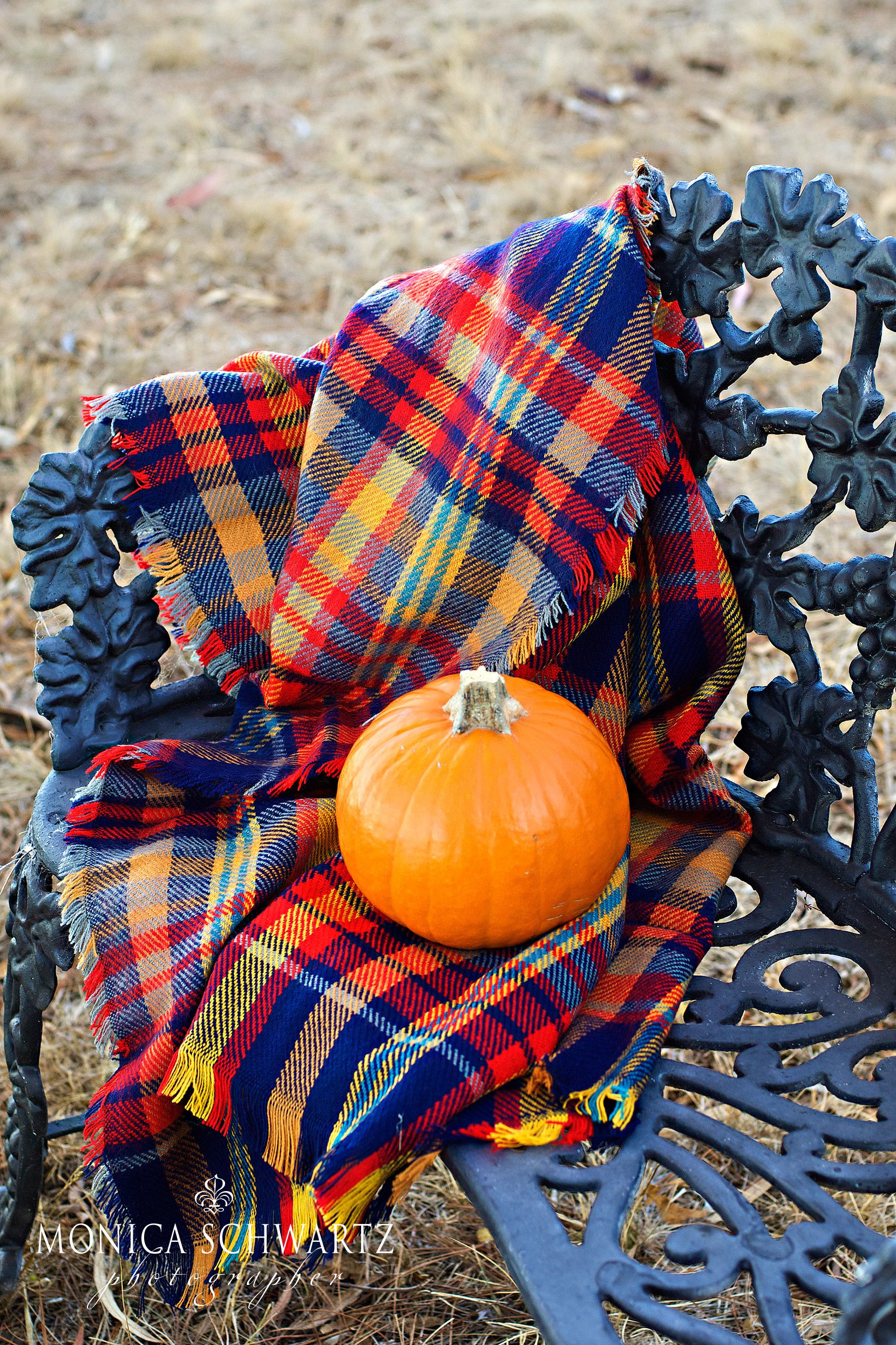 Blue-red-and-orange-plaid-scarf-with-pumpkin