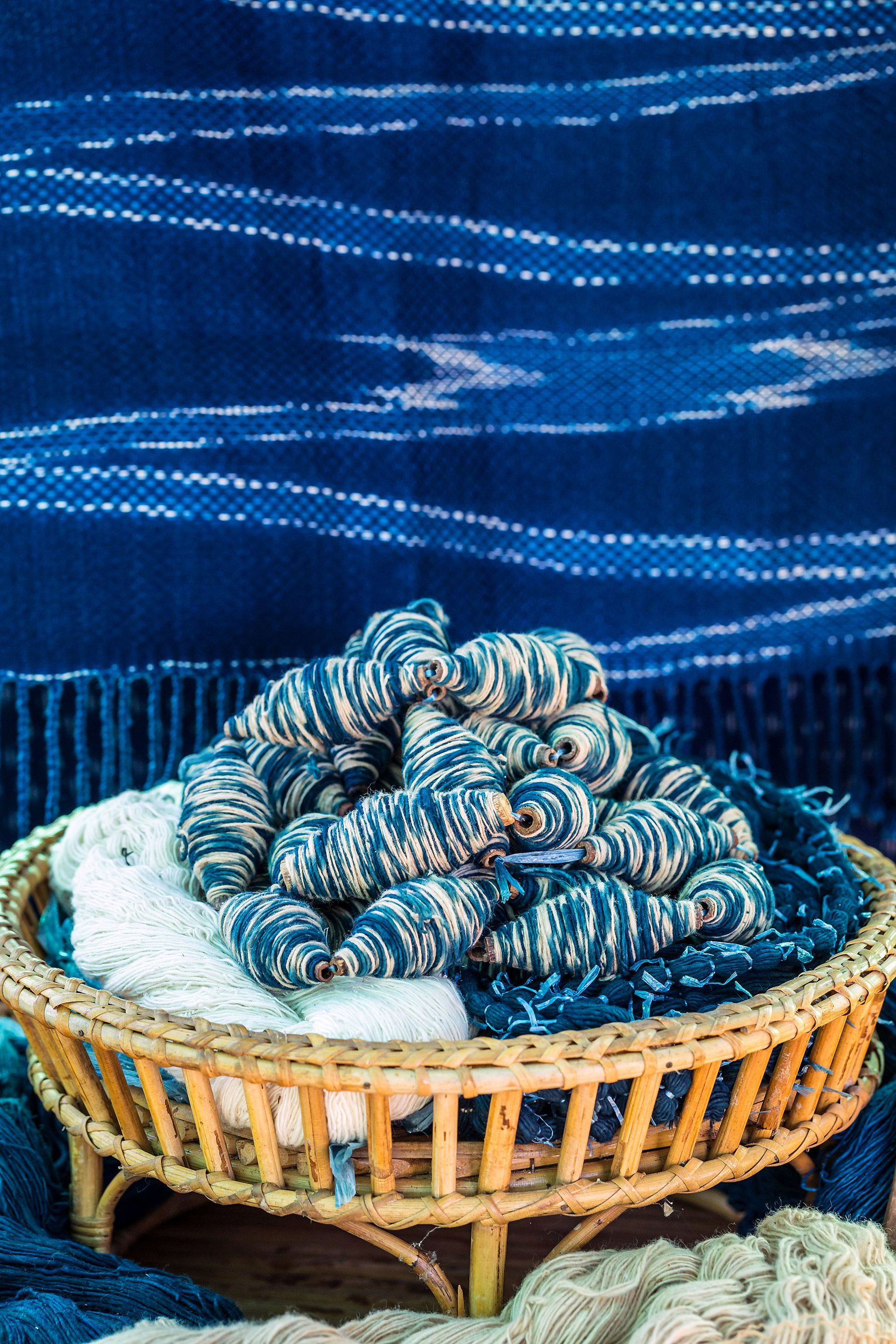 Yarns-and-fabric-tinted-with-natural-indigo-pigment