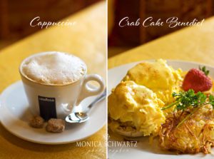 Cappuccino-and-Crab-Cakes-Benedict-with-Hash-Brown-at-Carmels-Bistro-Giovanni-in-Carmel-by-the-Sea-California