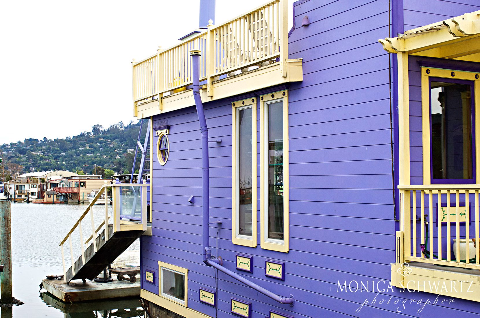 Purple-floating-home-with-yellow-trim-in-Sausalito-California