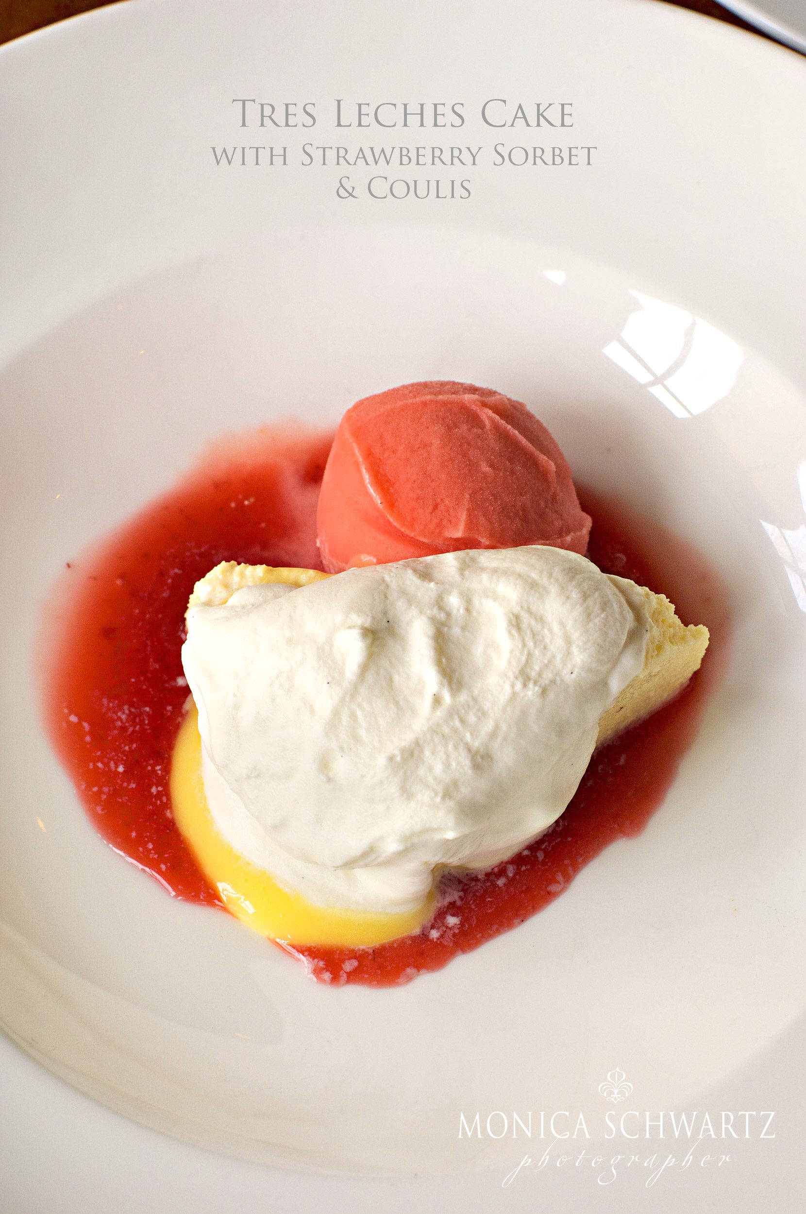 Tres-Leches-Cake-with-Strawberry-Sorbet-and-coulis-at-El-Dorado-Kitchen-restaurant-in-Sonoma-California-Wine-Country