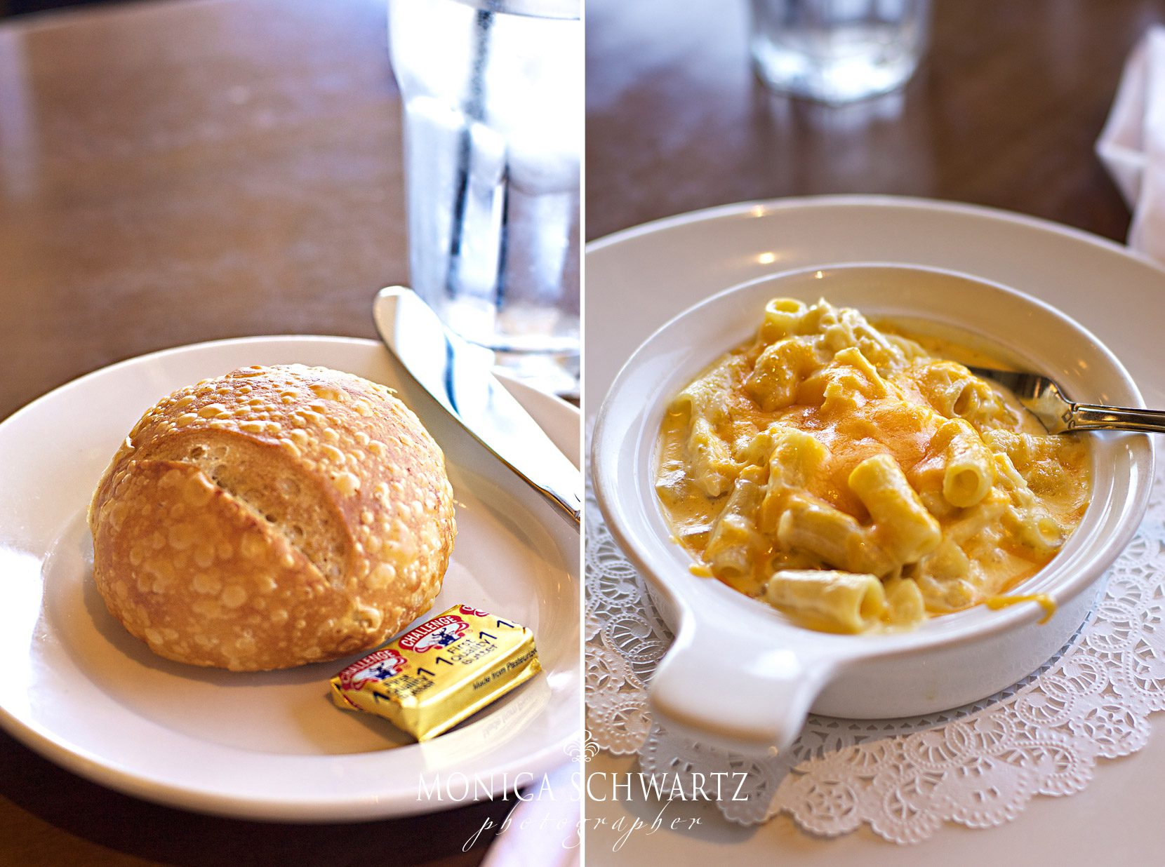 Sourdough-bread-roll-and-butter-and-Lobster-mac-and-cheese-at-Scales-Restaurant-at-Fishermans-Wharf-in-Monterey-California
