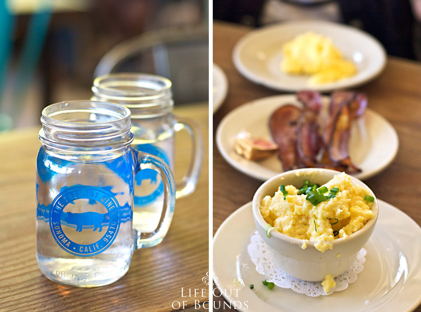 Water-jars-and-grits-bacon-and-scrambled-egg-at-The-Fremont-Diner-Sonoma-California