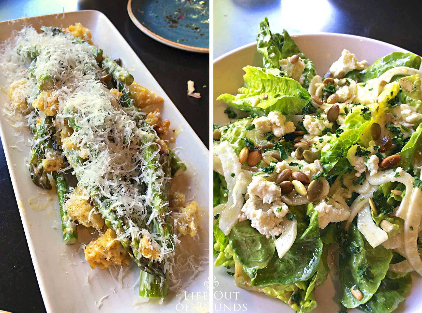 Chilled-Asparagus-Salad-with-Parmesan-and-Croutons-and-Seasonal-Salads-with-Mixed-Lettuces-Fennel-Blue-Cheese-Pumpkin-Seeds-and-Sherry-Vinaigrette-at-OSO-Restaurant-in-Sonoma-California