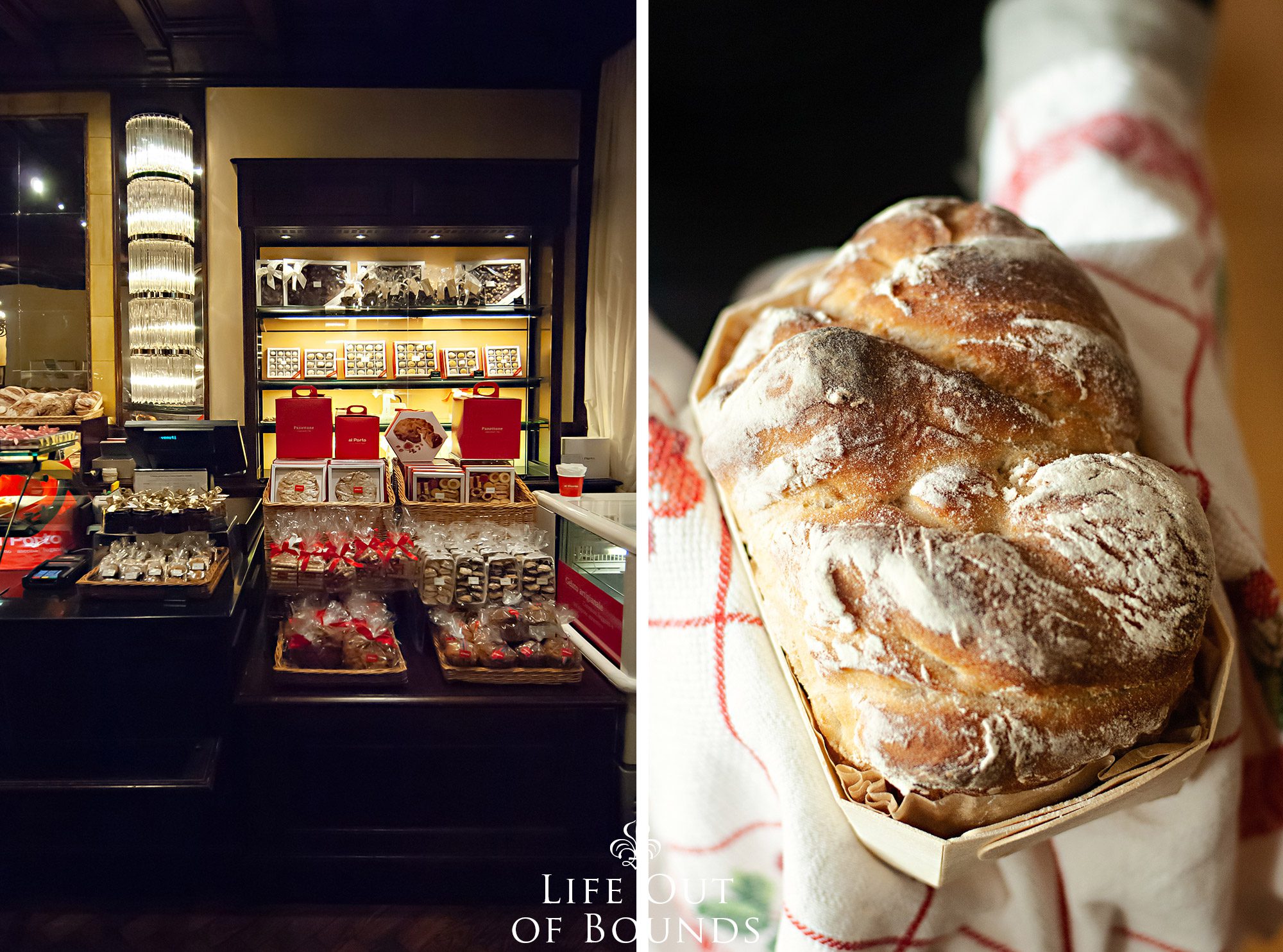 Patisserie-counter-at-Ristorante-Grand-Cafe-al-Porto-in-Lugano-Switzerland-and-their-spelt-bread-loaf