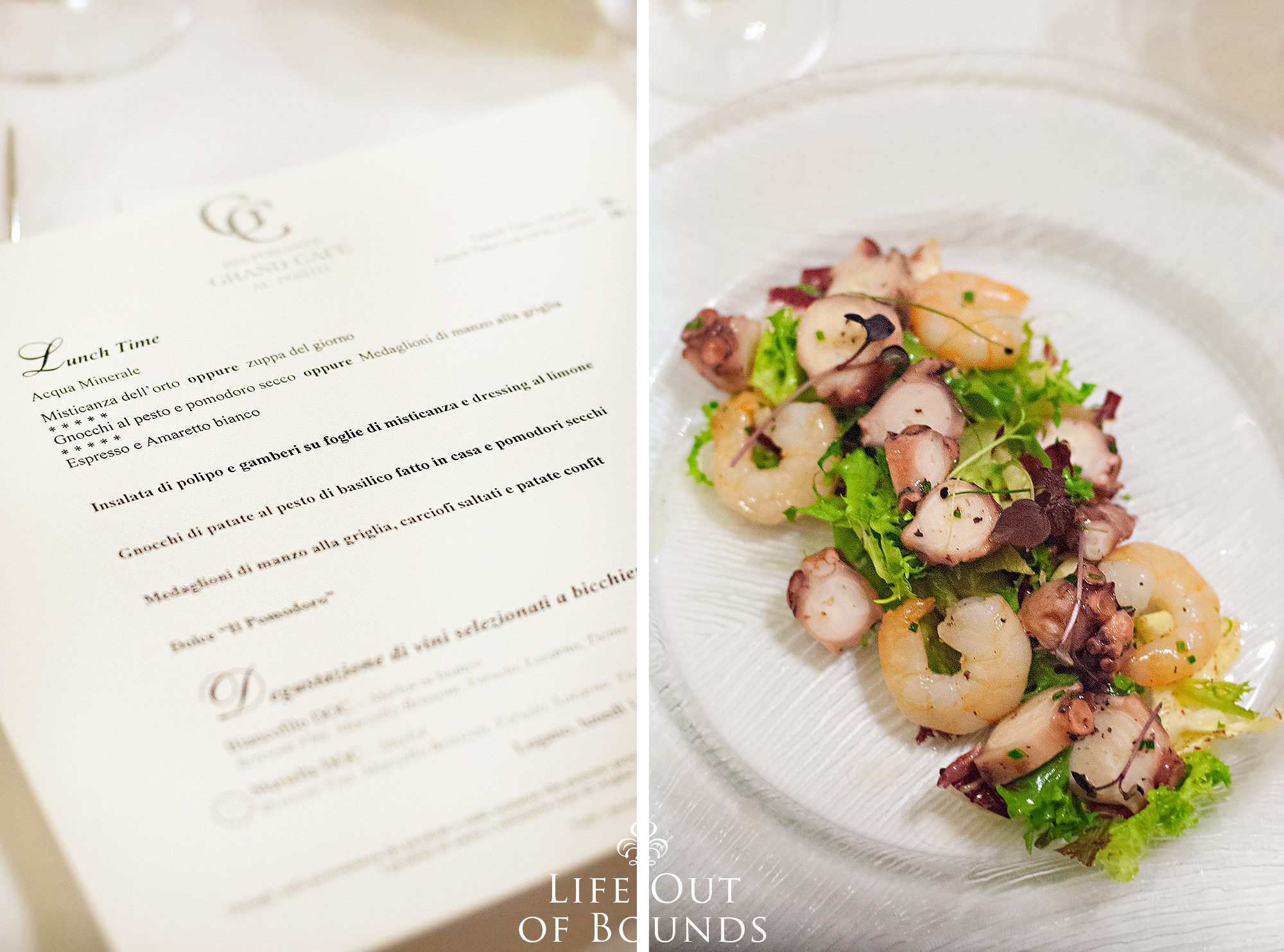 Menu-and-Octopus-and-Shrimp-Salad-for-lunch-at-Ristorante-Grand-Cafe-Al-Porto-in-Lugano-Switzerland