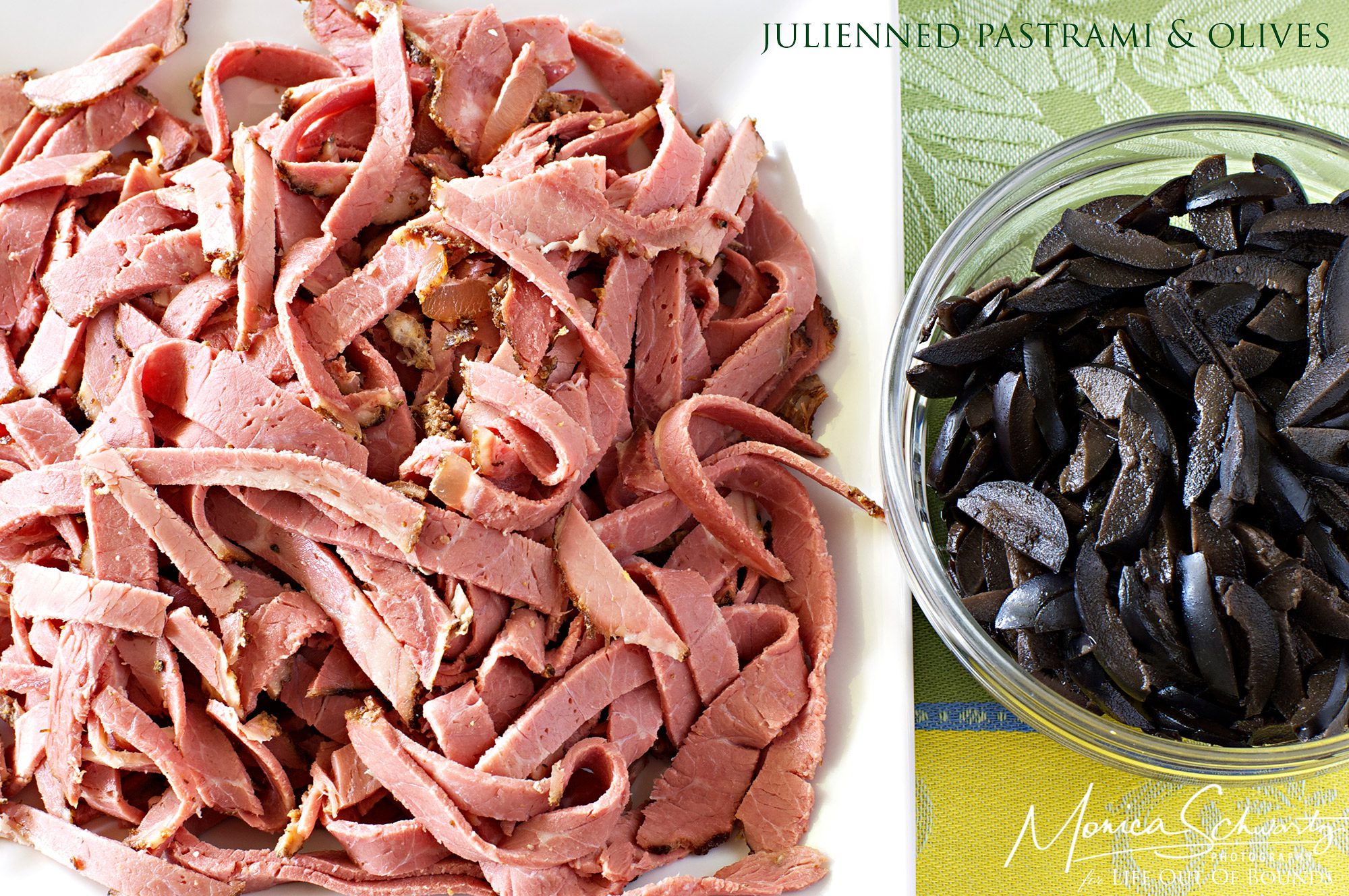 Julienned-pastrami-and-olives-for-Mediterranean-pasta-salad-recipe