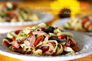 Mediterranean-pasta-salad-with-roasted-bell-peppers-pastrami-olives-capers-recipe
