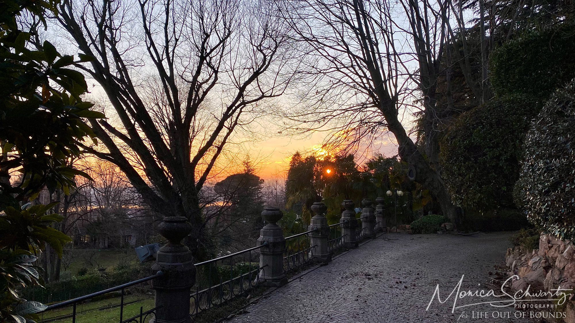 Sunset over the winter garden and Lake Varese, Italy
