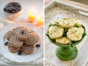 Cappuccino Sandwich Cookies with Chocolate-Hazelnut Cream filling and Lemon Rosemary Shortbread Cookies with Fleur de Sel