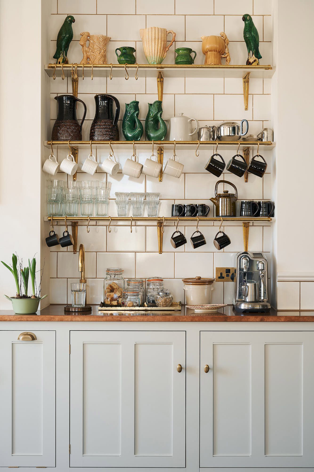Classic Kitchen cabinetry and hardware for the coffee station by deVOL Kitchens