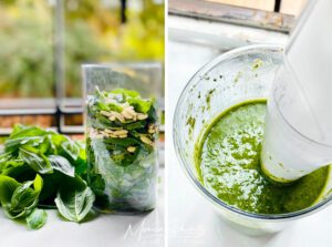 Making Genoese Pesto sauce with basil, pine nuts, garlic, olive oil and Parmesan