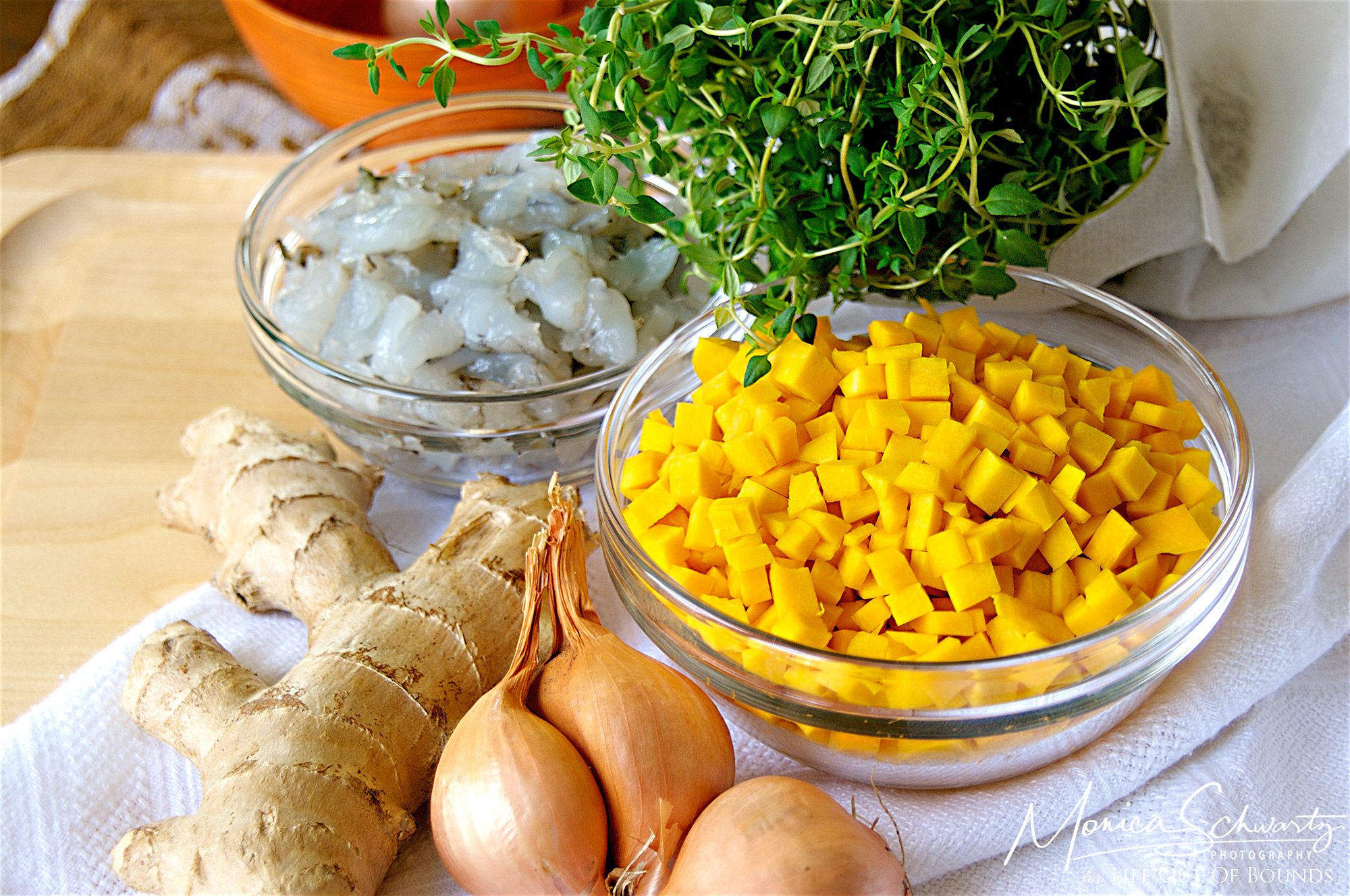 Ingredients to make Gyoza (potstickers) with Shrimp, Kabocha and Thyme, recipe