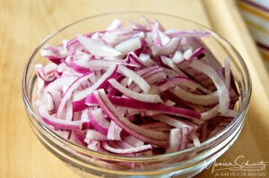 Sliced Onions for Recipe for Purple Sweet Potato, Kabocha and Onion Millefeuille with Taleggio and Lehua Blossom Honey