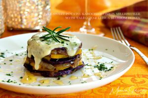 Recipe for Purple Sweet Potato, Kabocha and Onion Millefeuille with Taleggio and Lehua Blossom Honey