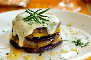 Recipe for Purple Sweet Potato, Kabocha and Onion Millefeuille with Taleggio and Lehua Blossom Honey