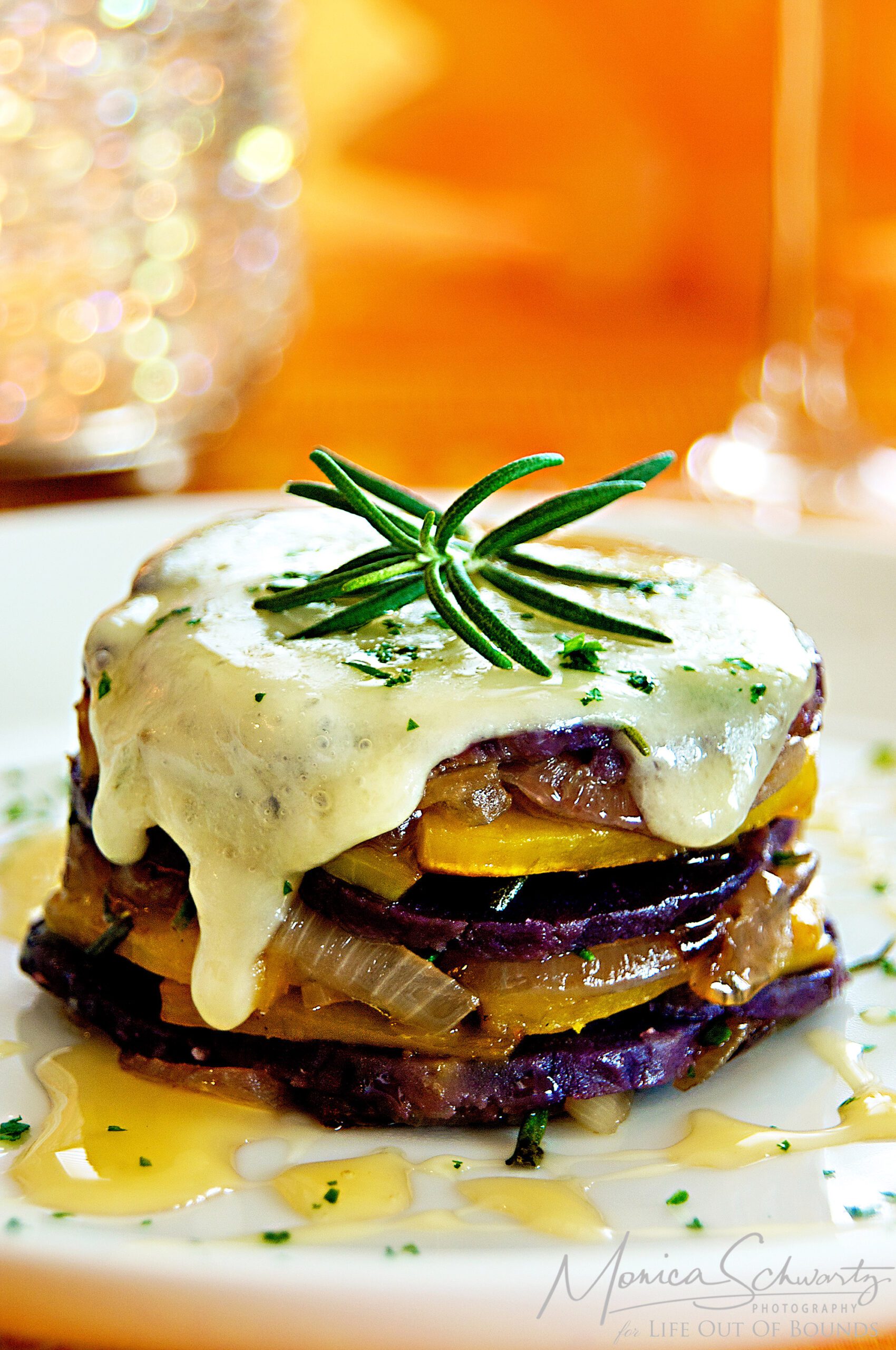 Recipe for Purple Sweet Potato, Kabocha and Onion Millefeuille with Taleggio and Lehua Blossom Honey
