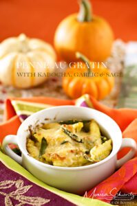 Penne Pasta au gratin with Roasted Kabocha Squash with Garlic and Sage, recipe