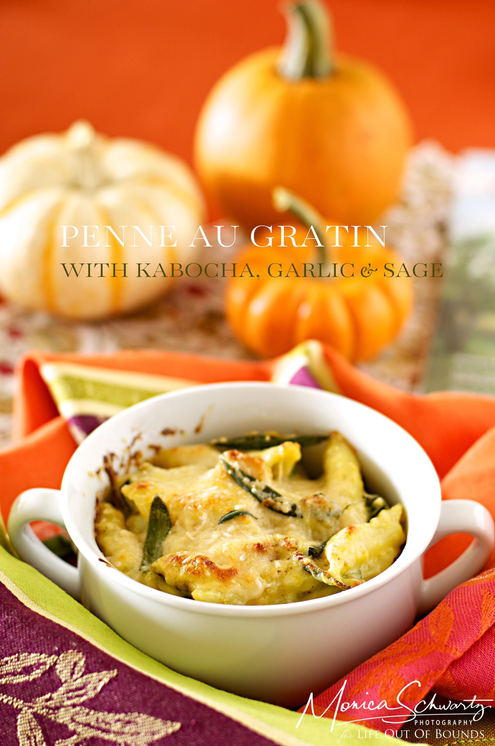 Penne Pasta au gratin with Roasted Kabocha Squash with Garlic and Sage, recipe