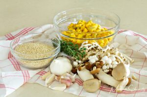 Ingredients for warm quinoa salad with mushrooms and kabocha, recipe