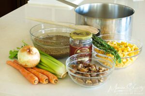 Ingredients to make Lentil Soup with Chestnuts, Kabocha and Rosemary, recipe