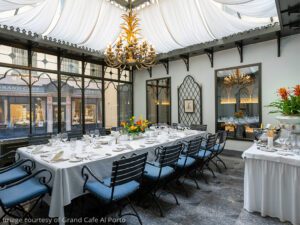 Dining area at Grand Cafe al Porto Restaurant and Patisserie in Lugano, Ticino, Switzerland