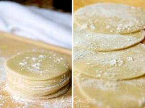 Fresh dough rounds to make Gyoza (potstickers) with Shrimp, Kabocha and Thyme, recipe