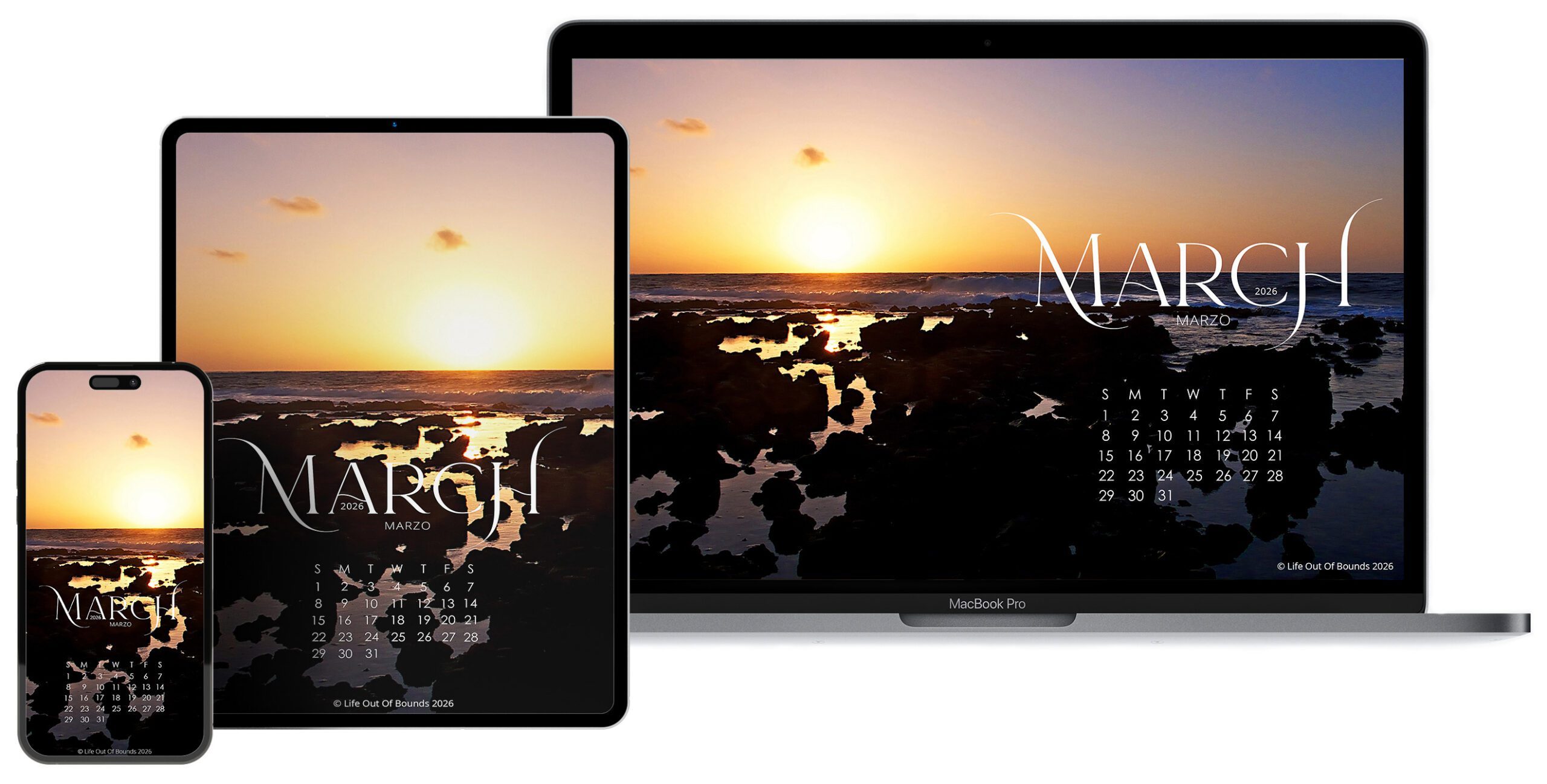 Free March 2026 calendar wallpaper for laptop, desktop, iPad and tablet, iPhone and smartphone featuring sunrise at Sandy Beach, Honolulu, Oahu, Hawaii