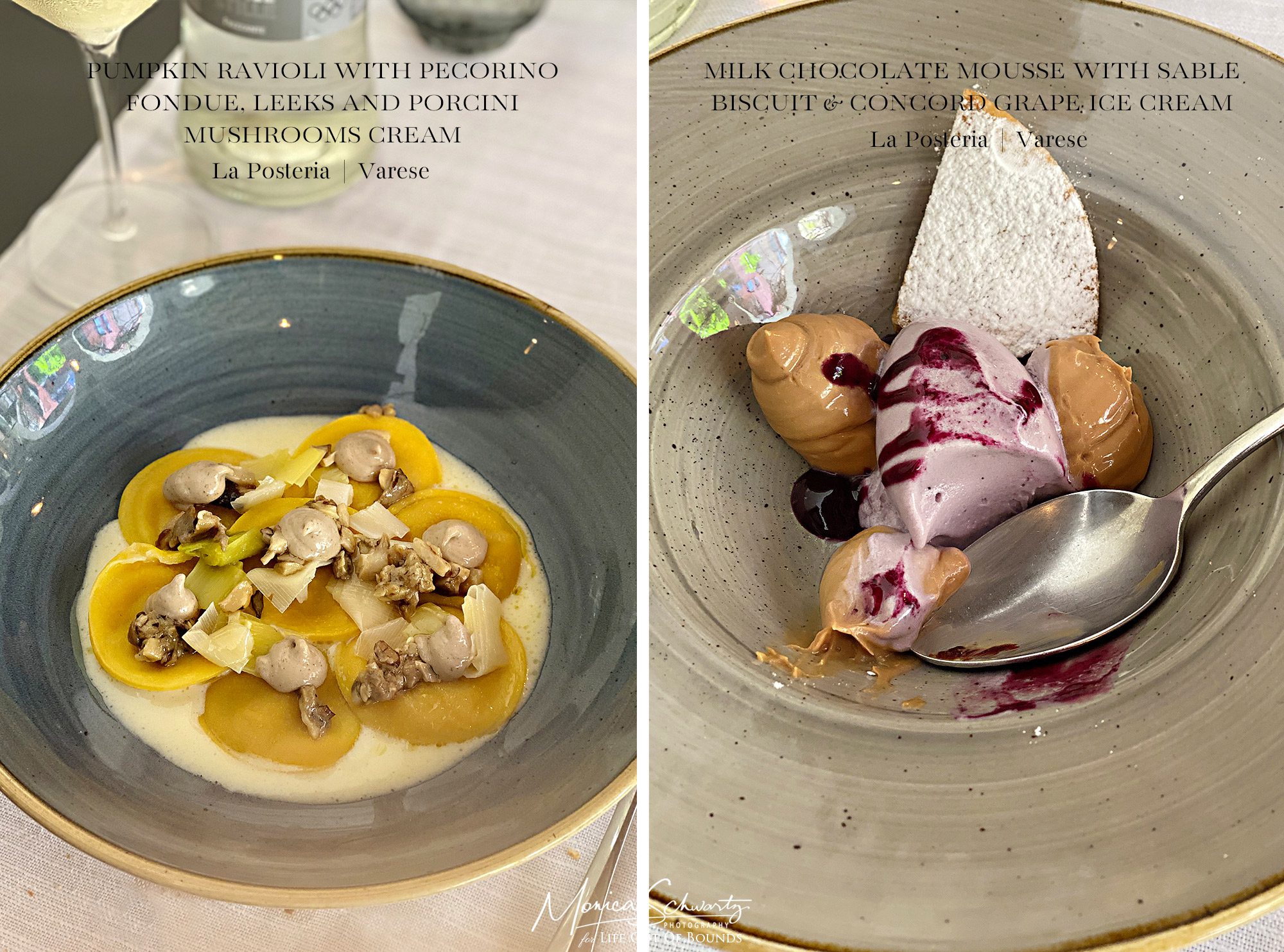 Pumpkin Ravioli and Milk Chocolate Mousse with Concord Grape Ice Cream at Ristorante La Posteria, Varese, Italy