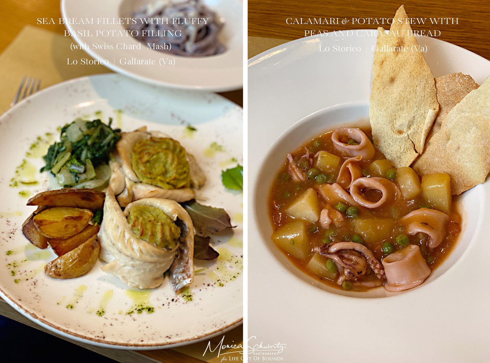 Sea Bream Fillets with Fluffy Basil Potato Filling and Calamari and Potato Stew at Ristorante Lo Storico in Gallarate (Va), Italy