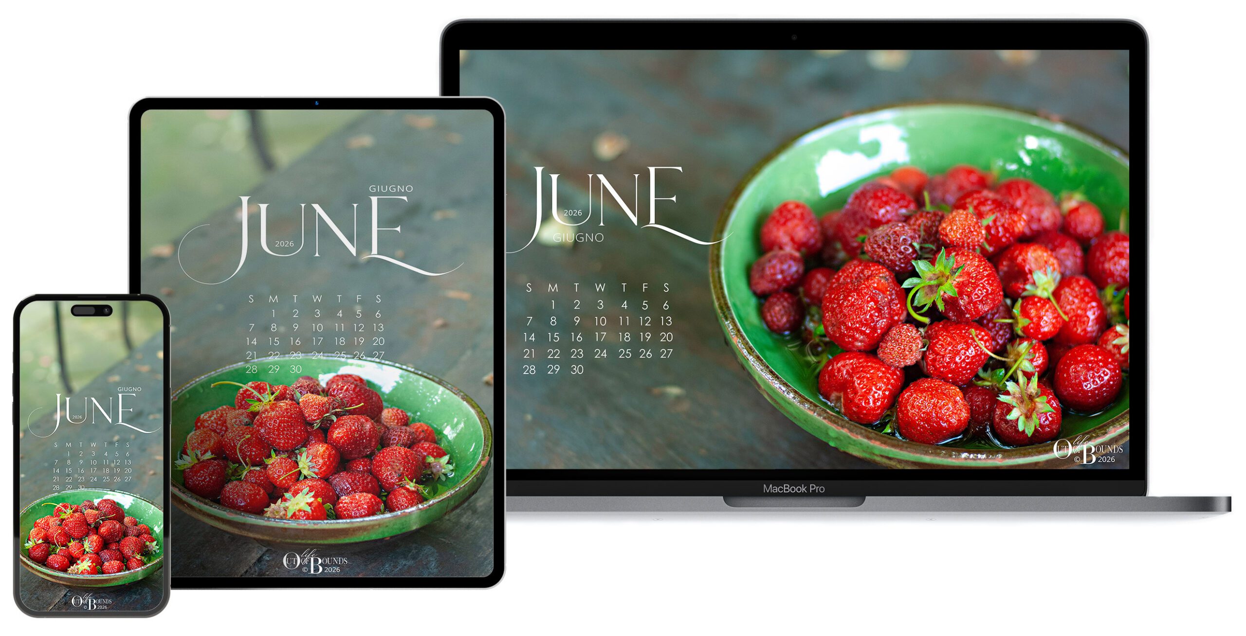 Free June 2026 Calendar Wallpaper for laptop and desktop, iPad and tablets, iPhone and smartphones featuring freshly picked strawberries