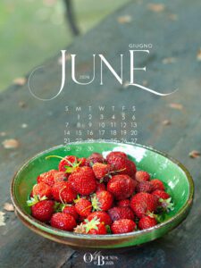 Free June 2026 Calendar Wallpaper for iPad and tablets featuring freshly picked strawberries
