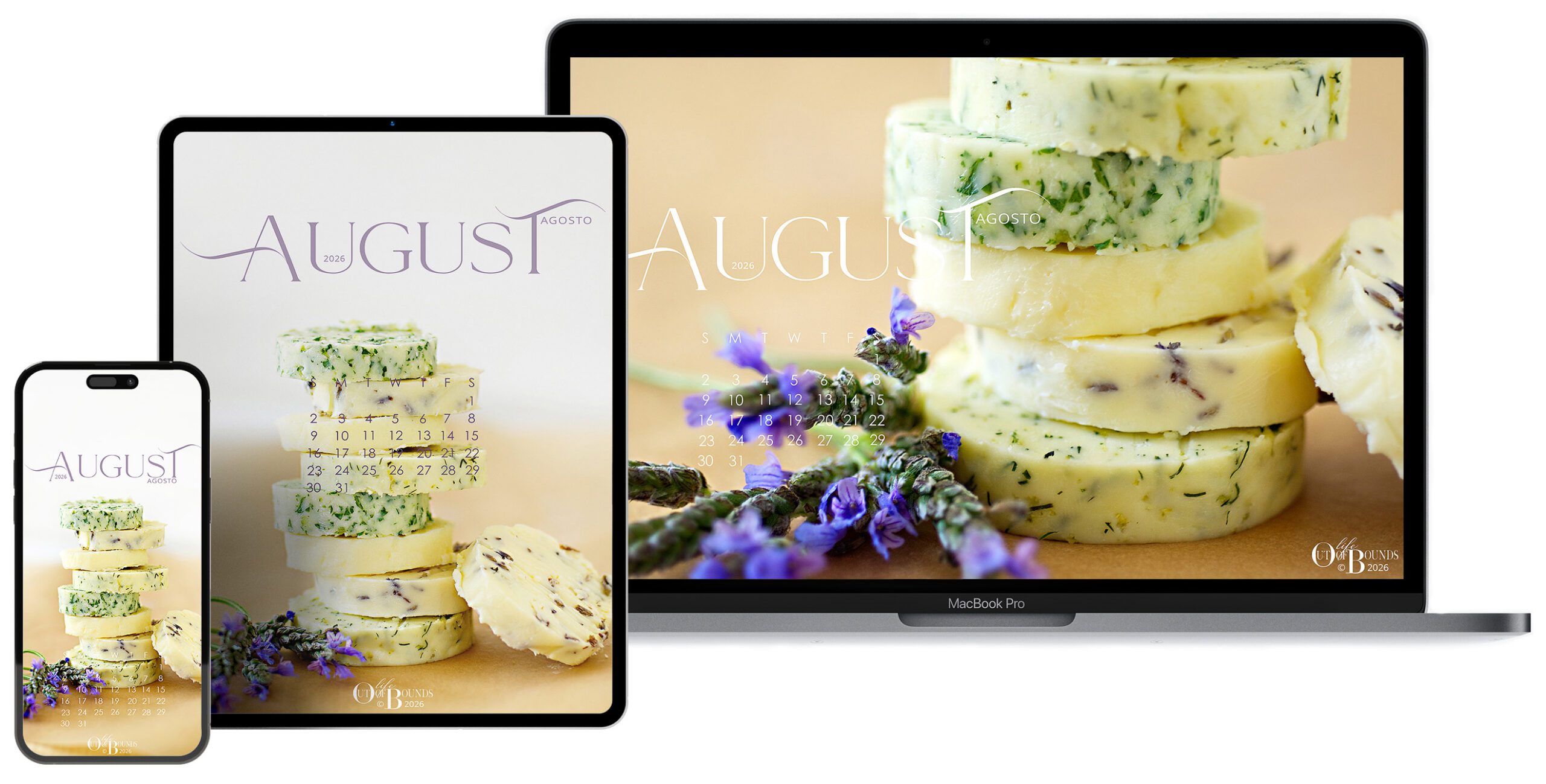Free August 2026 calendar wallpaper for laptop and desktop, iPhone and smartphone, iPad and tablet featuring home made butter