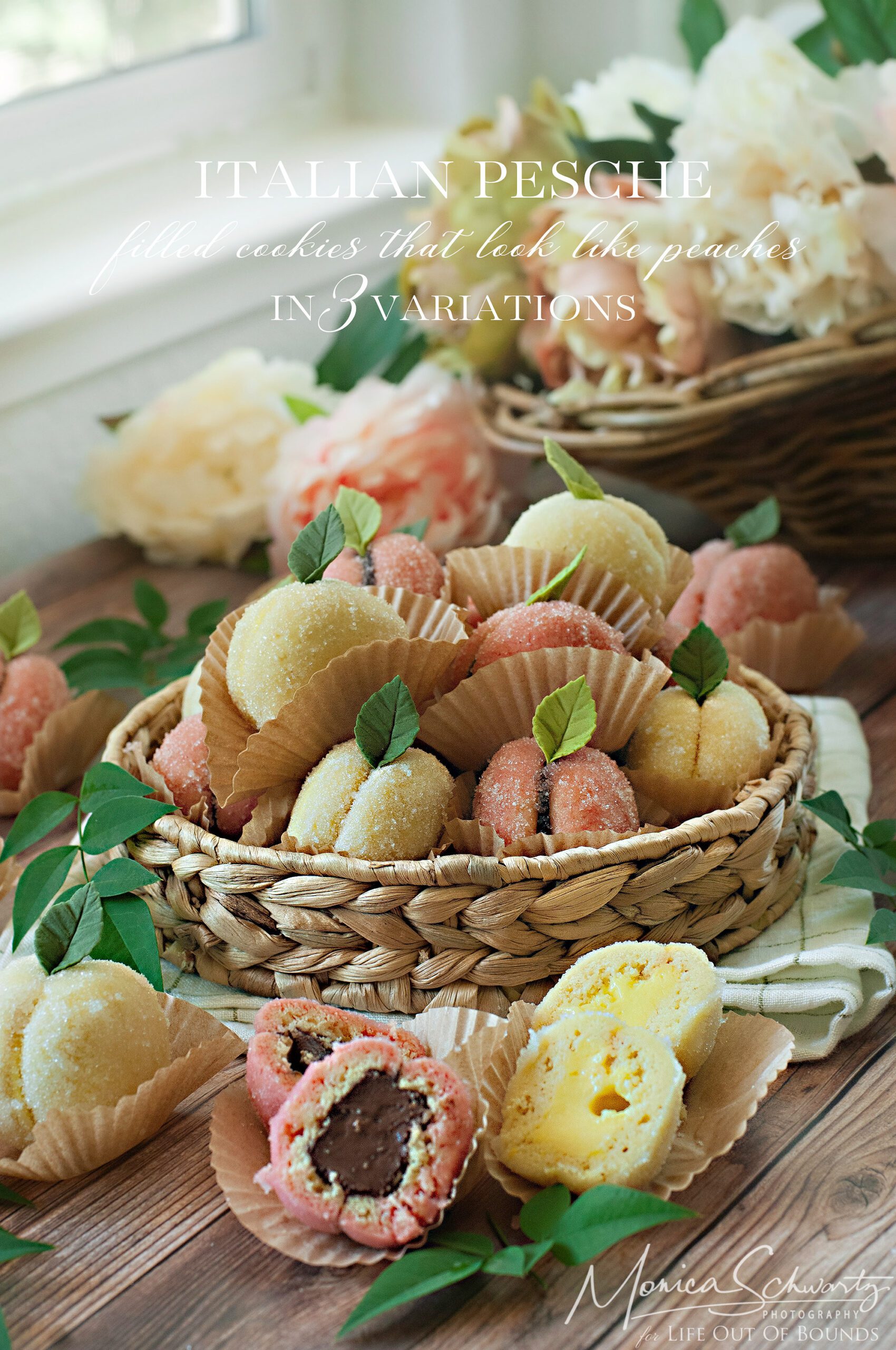 Recipe for Italian Pesche, filled cookies that look like peaches, in 3 variations: classic, lemon and tiramisu