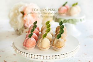 Recipe for Italian Pesche, filled cookies that look like peaches, in 3 variations: classic, lemon and tiramisu