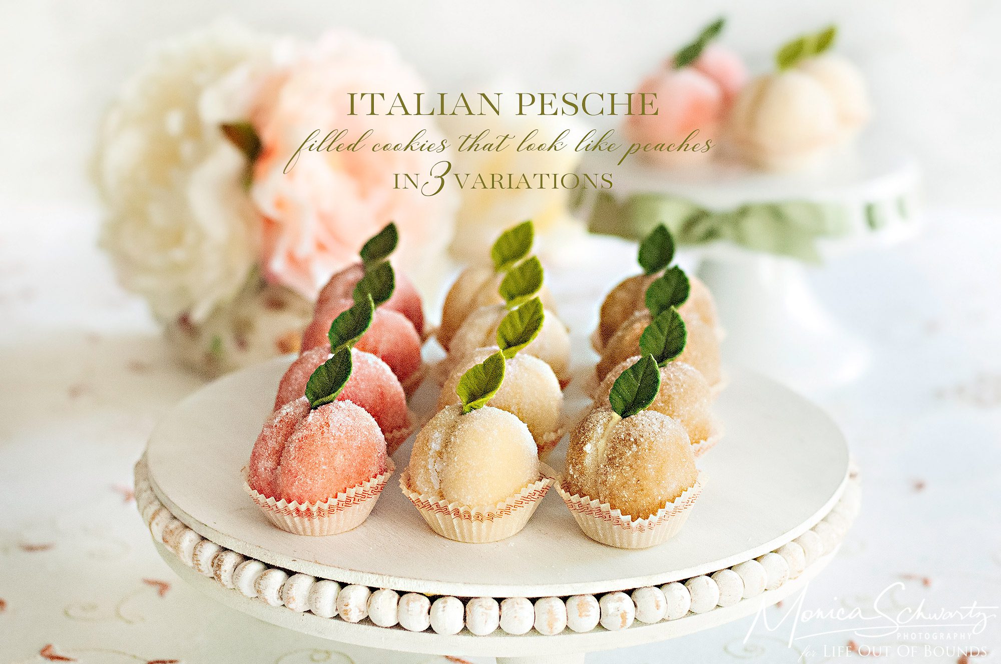 Recipe for Italian Pesche, filled cookies that look like peaches, in 3 variations: classic, lemon and tiramisu