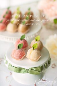 Recipe for Italian Pesche, filled cookies that look like peaches, in 3 variations: classic, lemon and tiramisu