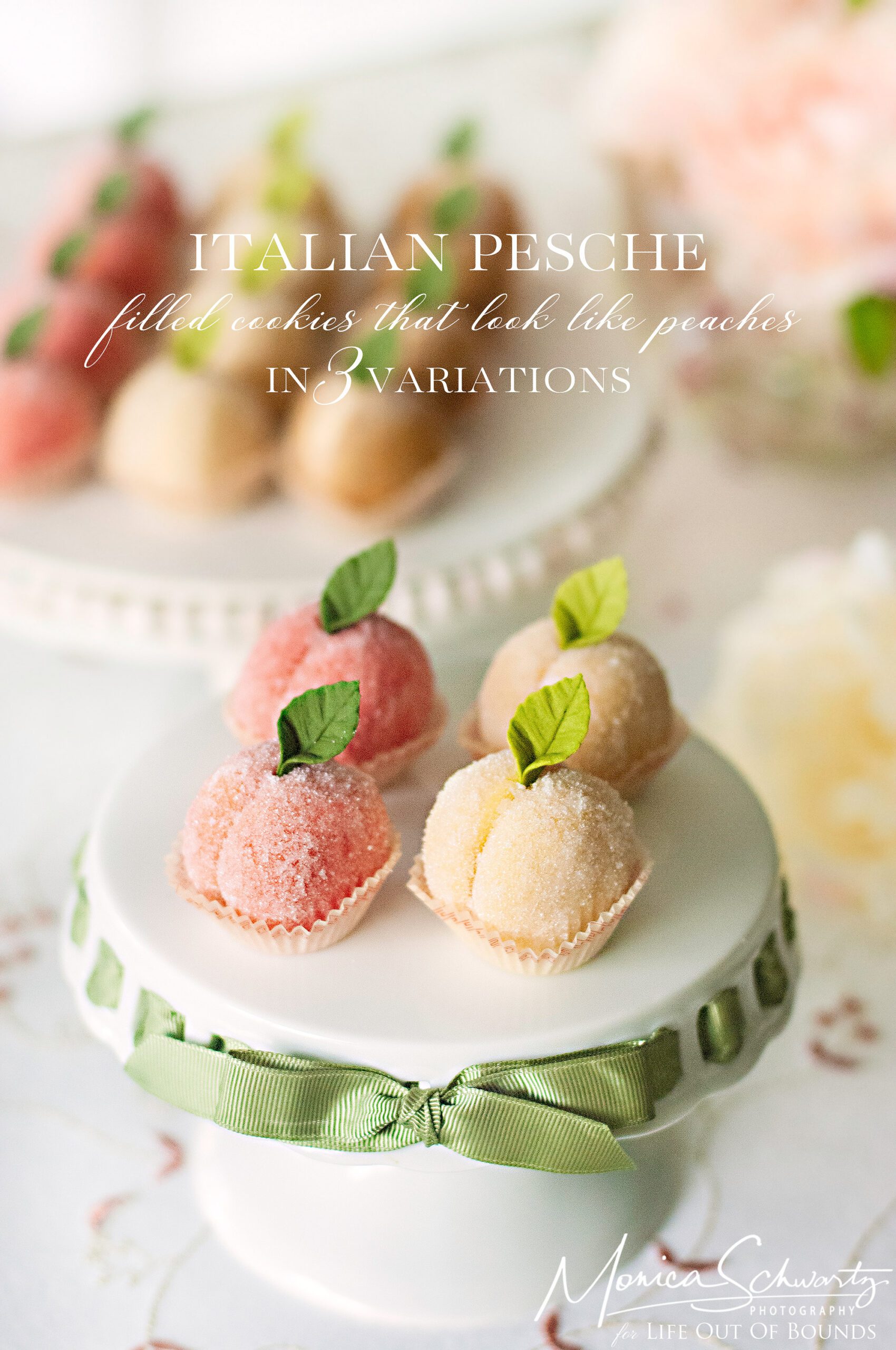 Recipe for Italian Pesche, filled cookies that look like peaches, in 3 variations: classic, lemon and tiramisu